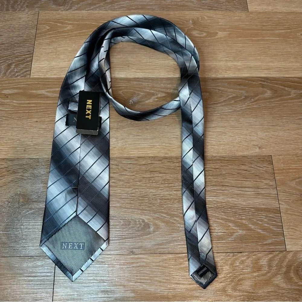 NWT Next 100% Silk Hand made Black Gray Stripe Neck Tie